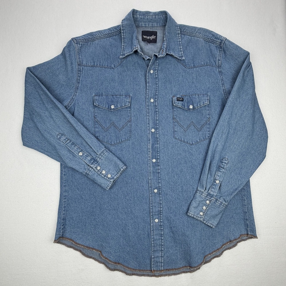 Wrangler Mens Western Denim Pearl Snap Shirt Blue Long Sleeve Cowboy Yoke XL/XXL